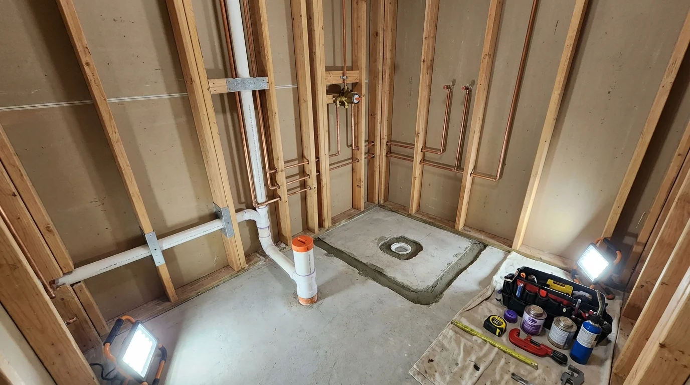 Bathroom rough-in plumbing during remodel by Johns Plumbing LLC in Colville