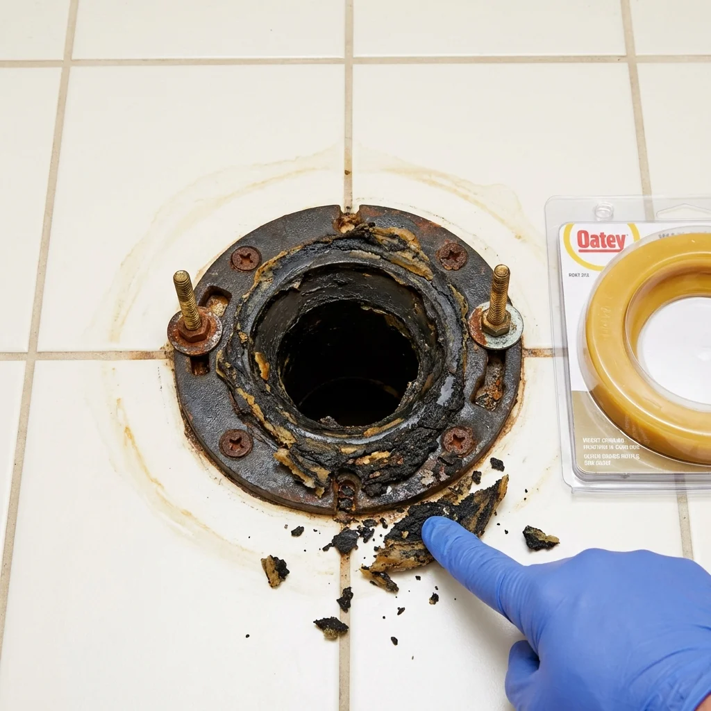 Failed wax ring showing water seepage at the base of a toilet in a Colville, WA home