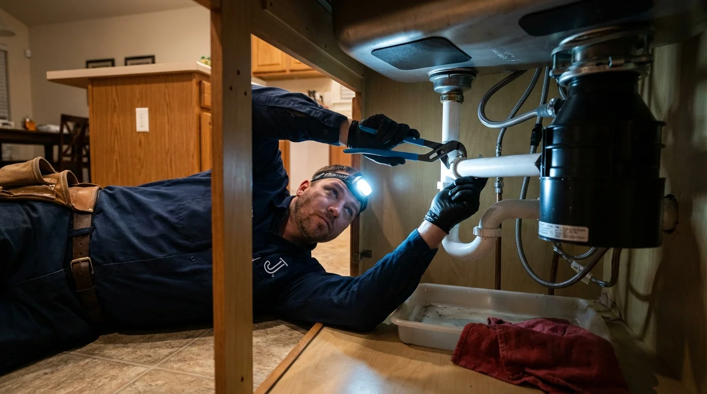 P-trap and supply line connections under a kitchen sink showing a common leak point in Colville, WA